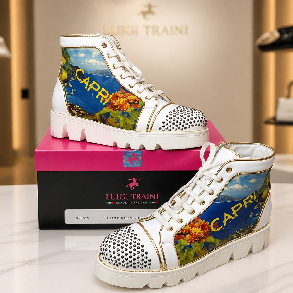 Luigi Traini White High-Top Booties with Capri Floral Graphic and Studded Toes